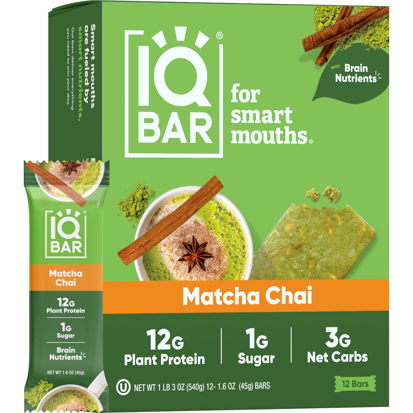 IQBAR Protein Bars - Peanut Butter Chip - 12 Count, Low Carb, High Fiber, Gluten Free, Vegan Snacks - Low Sugar Keto Energy Bars