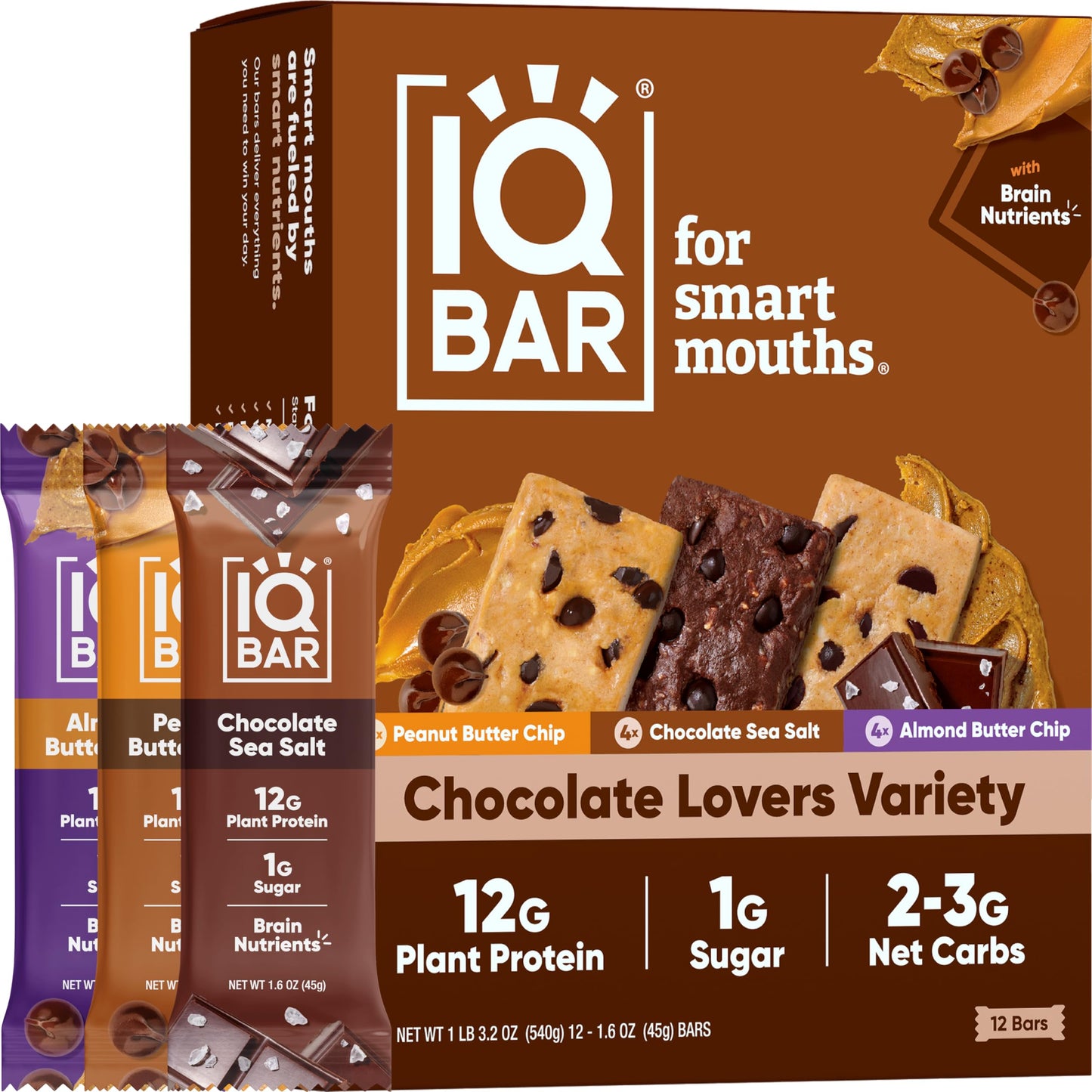 IQBAR Protein Bars - Peanut Butter Chip - 12 Count, Low Carb, High Fiber, Gluten Free, Vegan Snacks - Low Sugar Keto Energy Bars