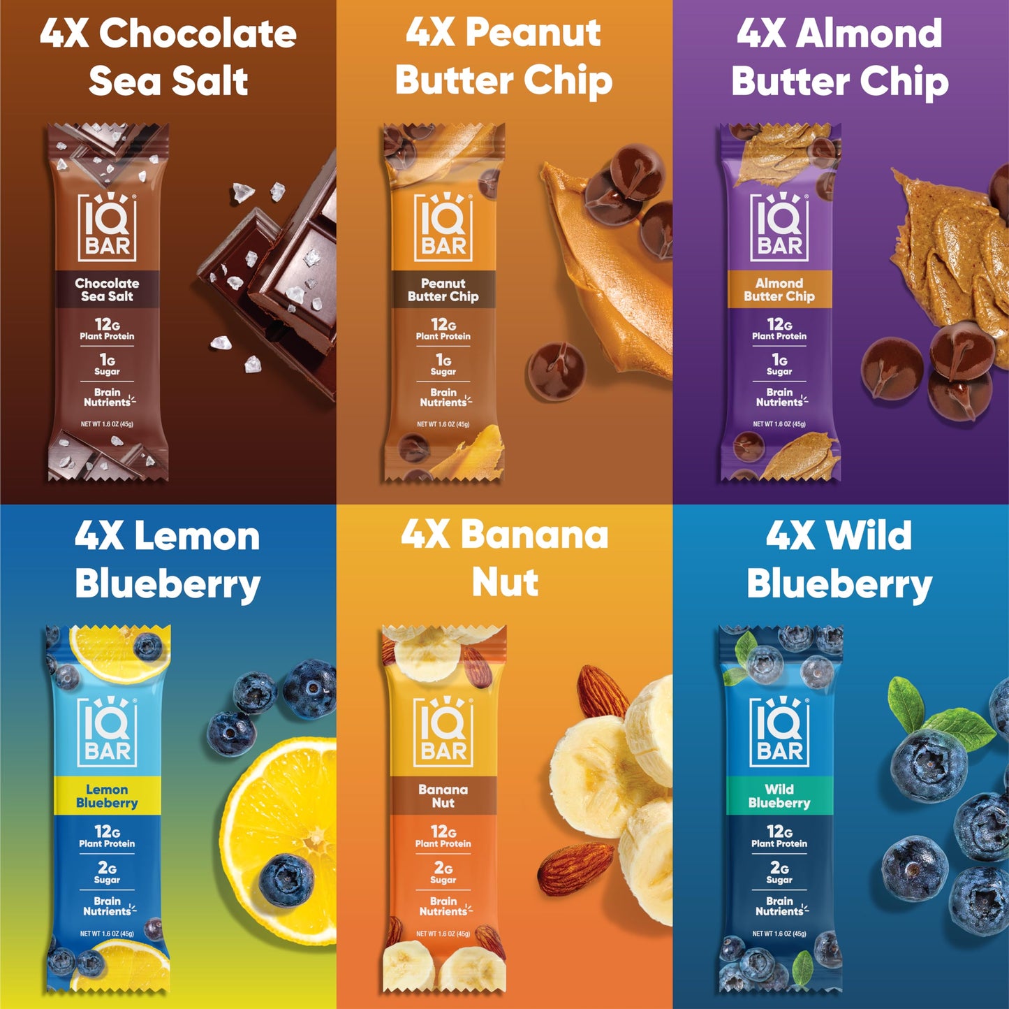 IQBAR Protein Bars - Peanut Butter Chip - 12 Count, Low Carb, High Fiber, Gluten Free, Vegan Snacks - Low Sugar Keto Energy Bars
