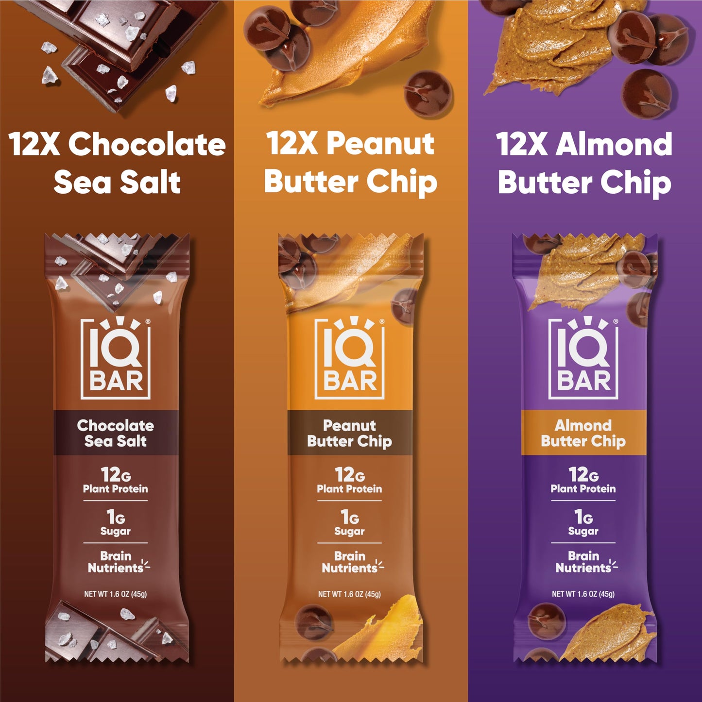 IQBAR Protein Bars - Peanut Butter Chip - 12 Count, Low Carb, High Fiber, Gluten Free, Vegan Snacks - Low Sugar Keto Energy Bars