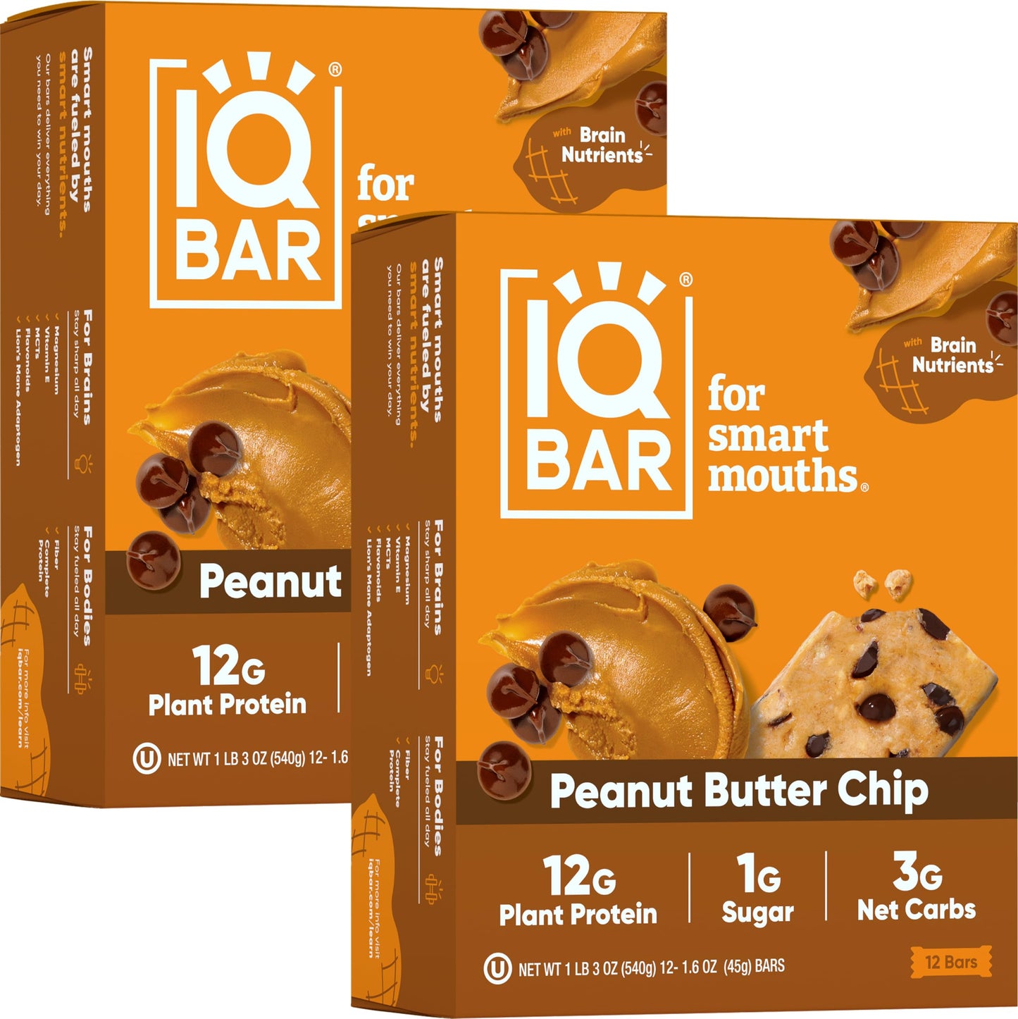 IQBAR Protein Bars - Peanut Butter Chip - 12 Count, Low Carb, High Fiber, Gluten Free, Vegan Snacks - Low Sugar Keto Energy Bars