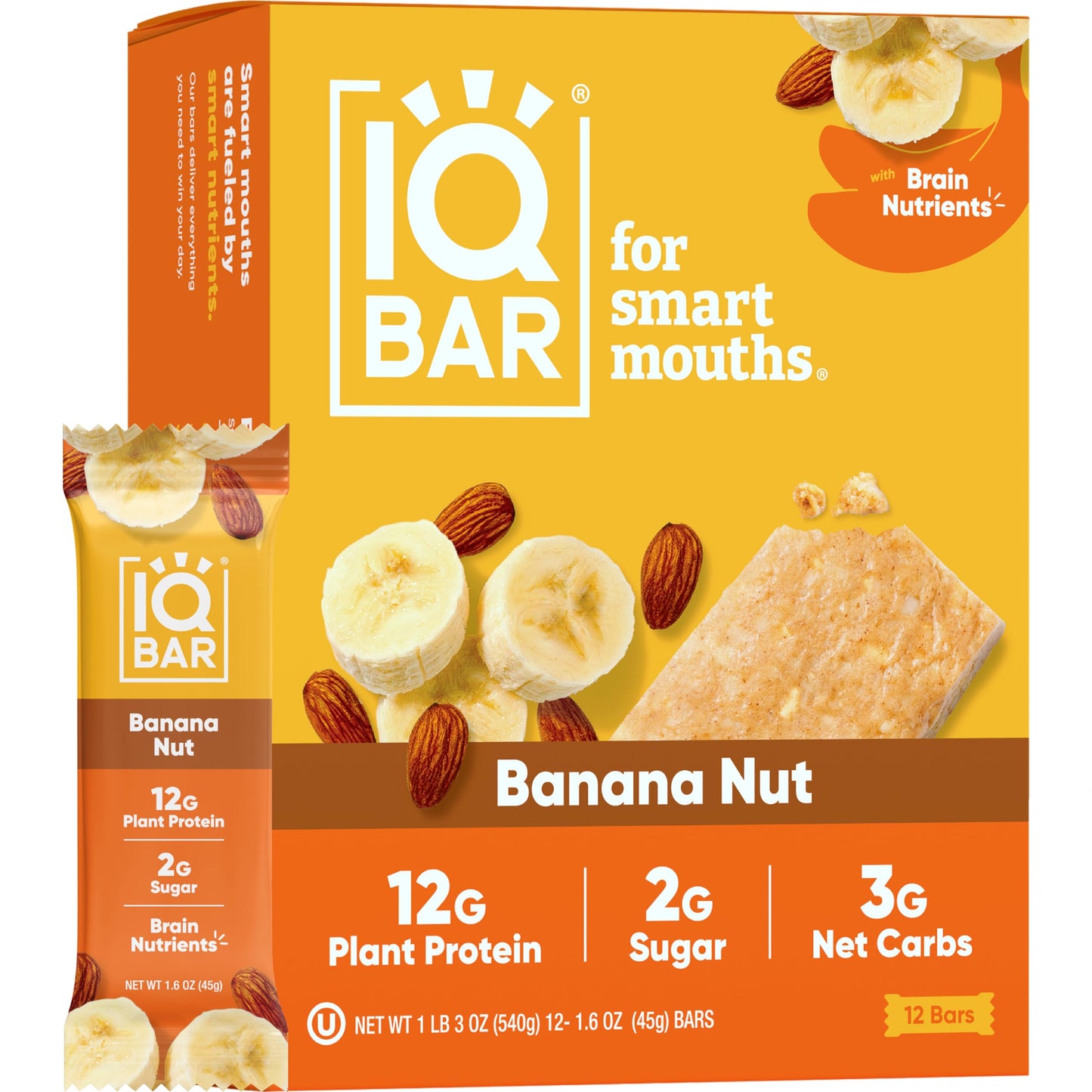 IQBAR Protein Bars - Peanut Butter Chip - 12 Count, Low Carb, High Fiber, Gluten Free, Vegan Snacks - Low Sugar Keto Energy Bars