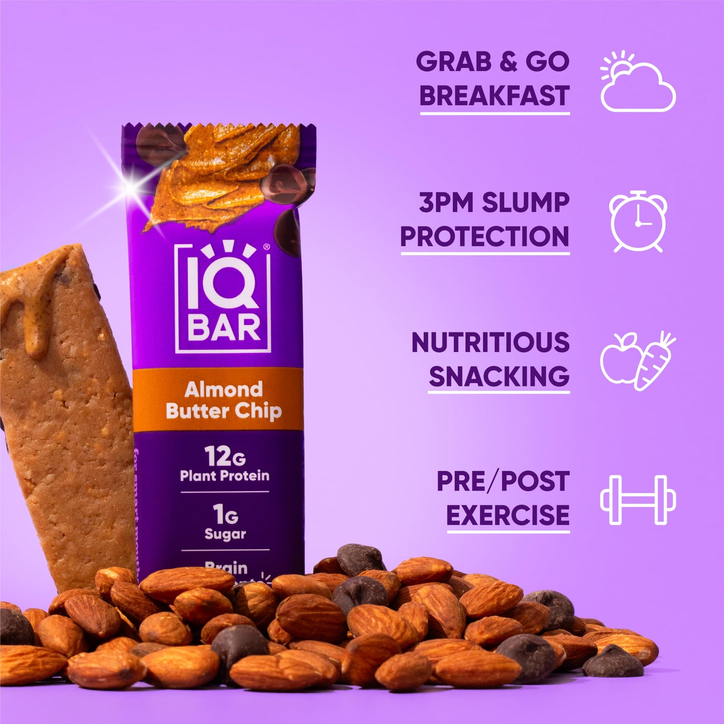 IQBAR Protein Bars - Peanut Butter Chip - 12 Count, Low Carb, High Fiber, Gluten Free, Vegan Snacks - Low Sugar Keto Energy Bars