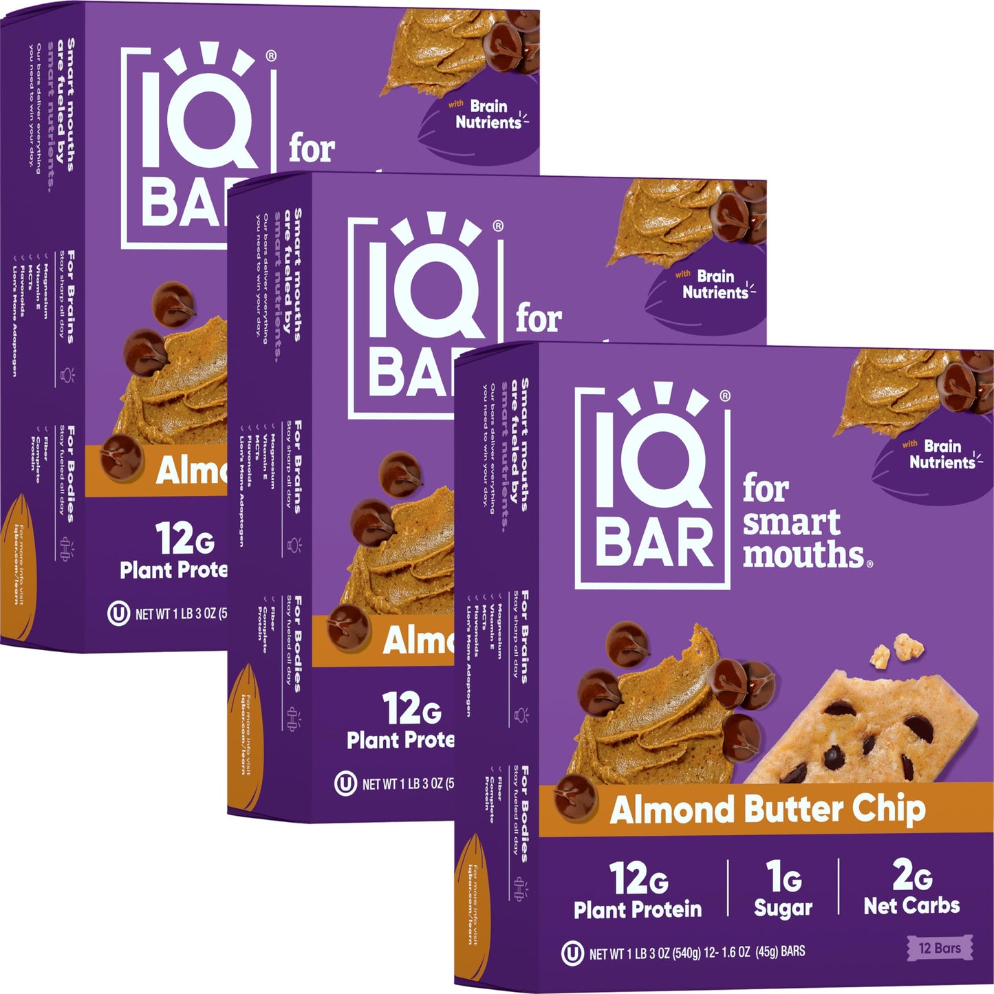 IQBAR Protein Bars - Peanut Butter Chip - 12 Count, Low Carb, High Fiber, Gluten Free, Vegan Snacks - Low Sugar Keto Energy Bars