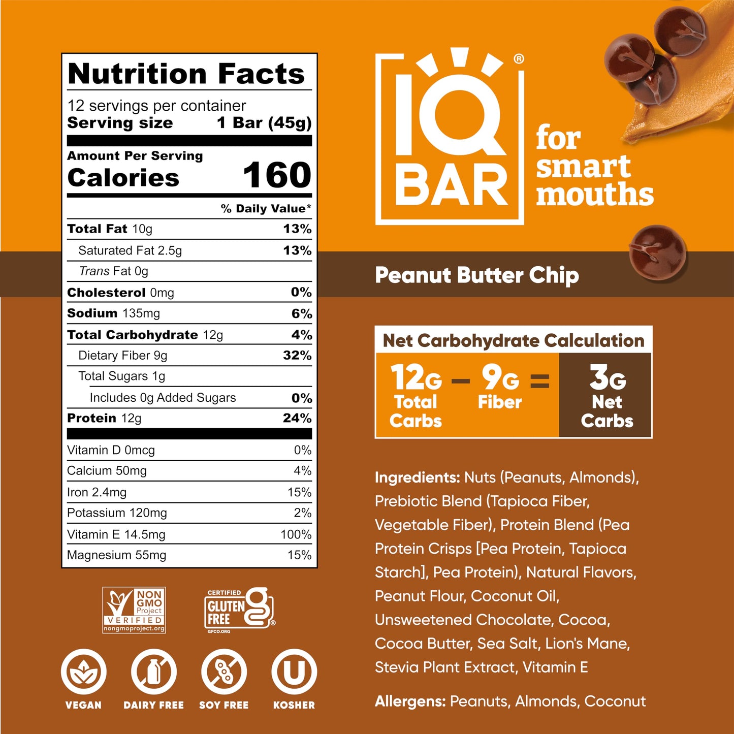 IQBAR Protein Bars - Peanut Butter Chip - 12 Count, Low Carb, High Fiber, Gluten Free, Vegan Snacks - Low Sugar Keto Energy Bars