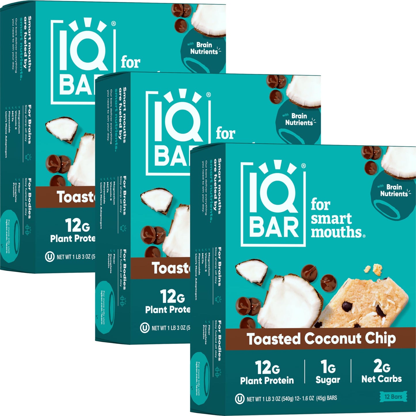 IQBAR Protein Bars - Peanut Butter Chip - 12 Count, Low Carb, High Fiber, Gluten Free, Vegan Snacks - Low Sugar Keto Energy Bars