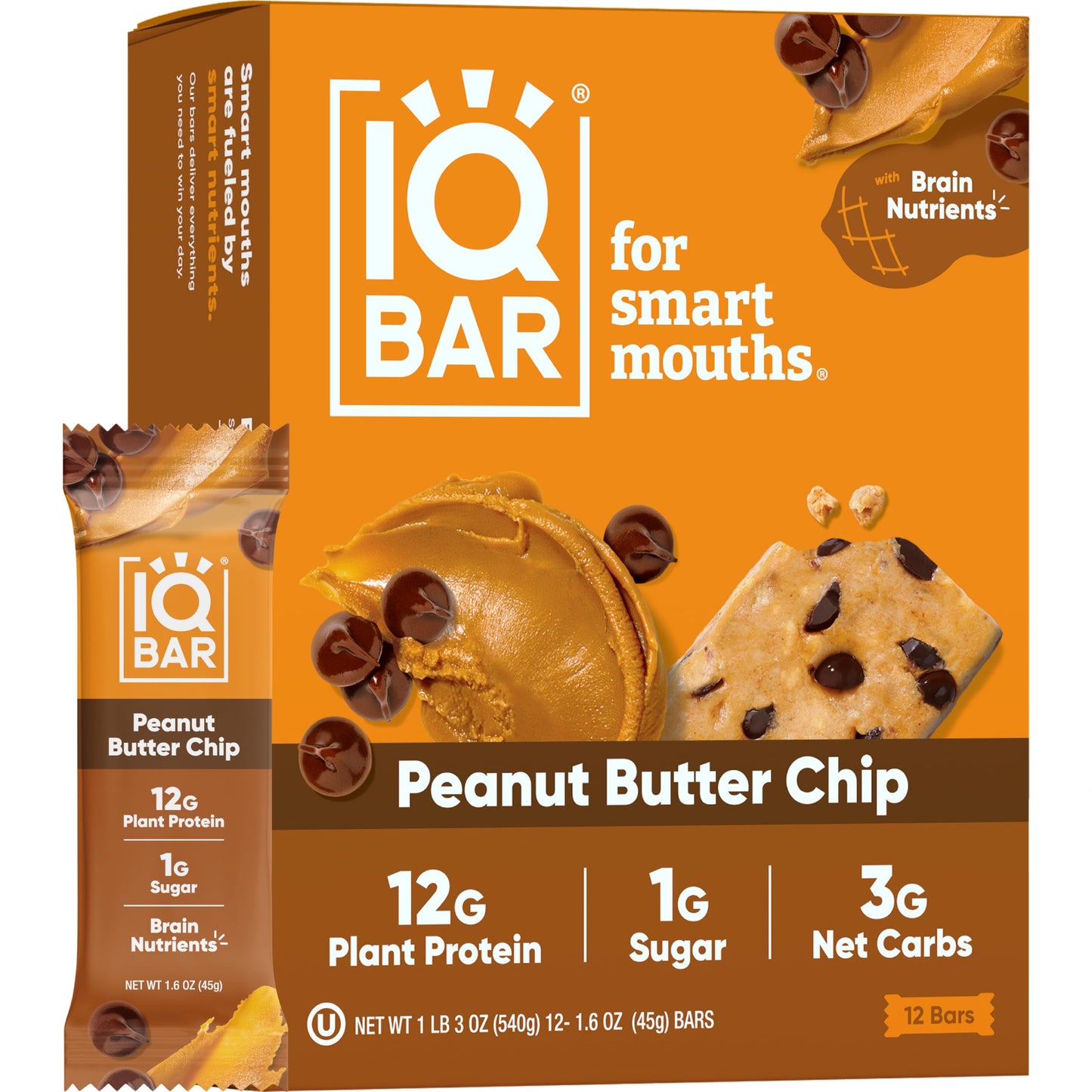 IQBAR Protein Bars - Peanut Butter Chip - 12 Count, Low Carb, High Fiber, Gluten Free, Vegan Snacks - Low Sugar Keto Energy Bars