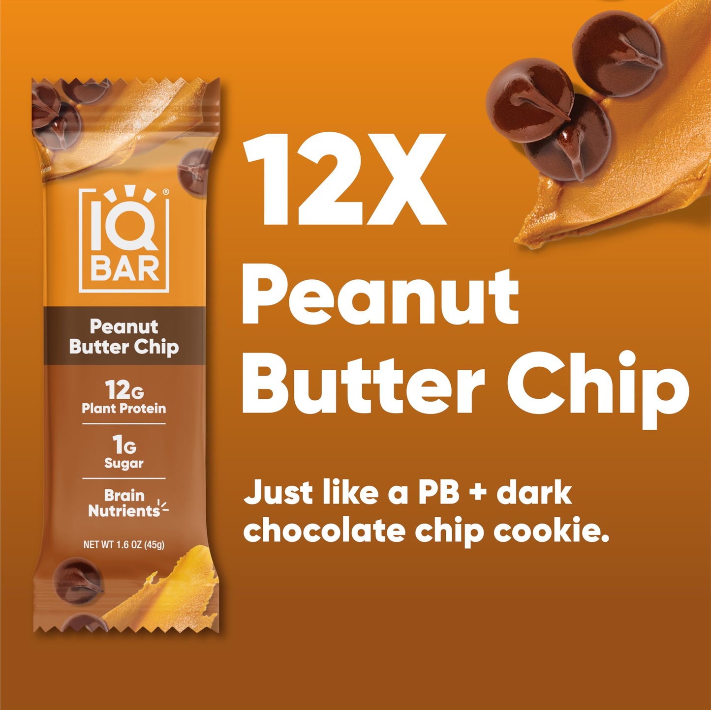 IQBAR Protein Bars - Peanut Butter Chip - 12 Count, Low Carb, High Fiber, Gluten Free, Vegan Snacks - Low Sugar Keto Energy Bars