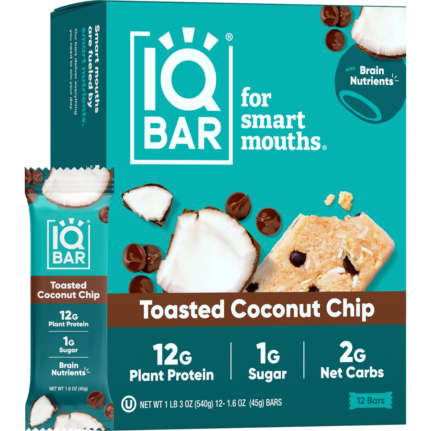 IQBAR Protein Bars - Peanut Butter Chip - 12 Count, Low Carb, High Fiber, Gluten Free, Vegan Snacks - Low Sugar Keto Energy Bars