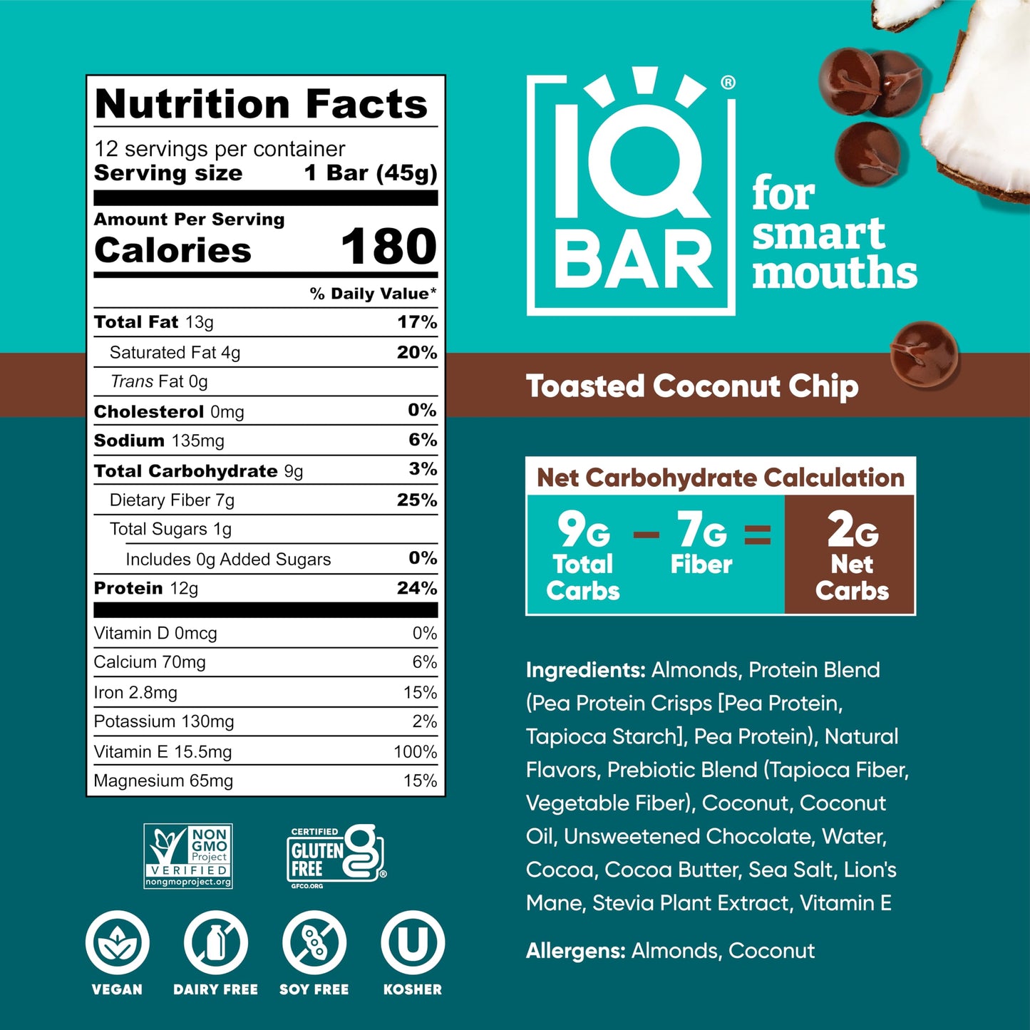 IQBAR Protein Bars - Peanut Butter Chip - 12 Count, Low Carb, High Fiber, Gluten Free, Vegan Snacks - Low Sugar Keto Energy Bars