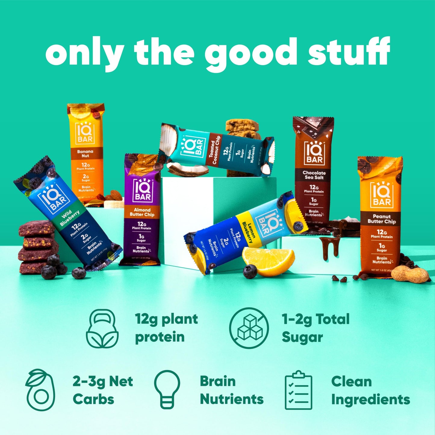 IQBAR Protein Bars - Peanut Butter Chip - 12 Count, Low Carb, High Fiber, Gluten Free, Vegan Snacks - Low Sugar Keto Energy Bars