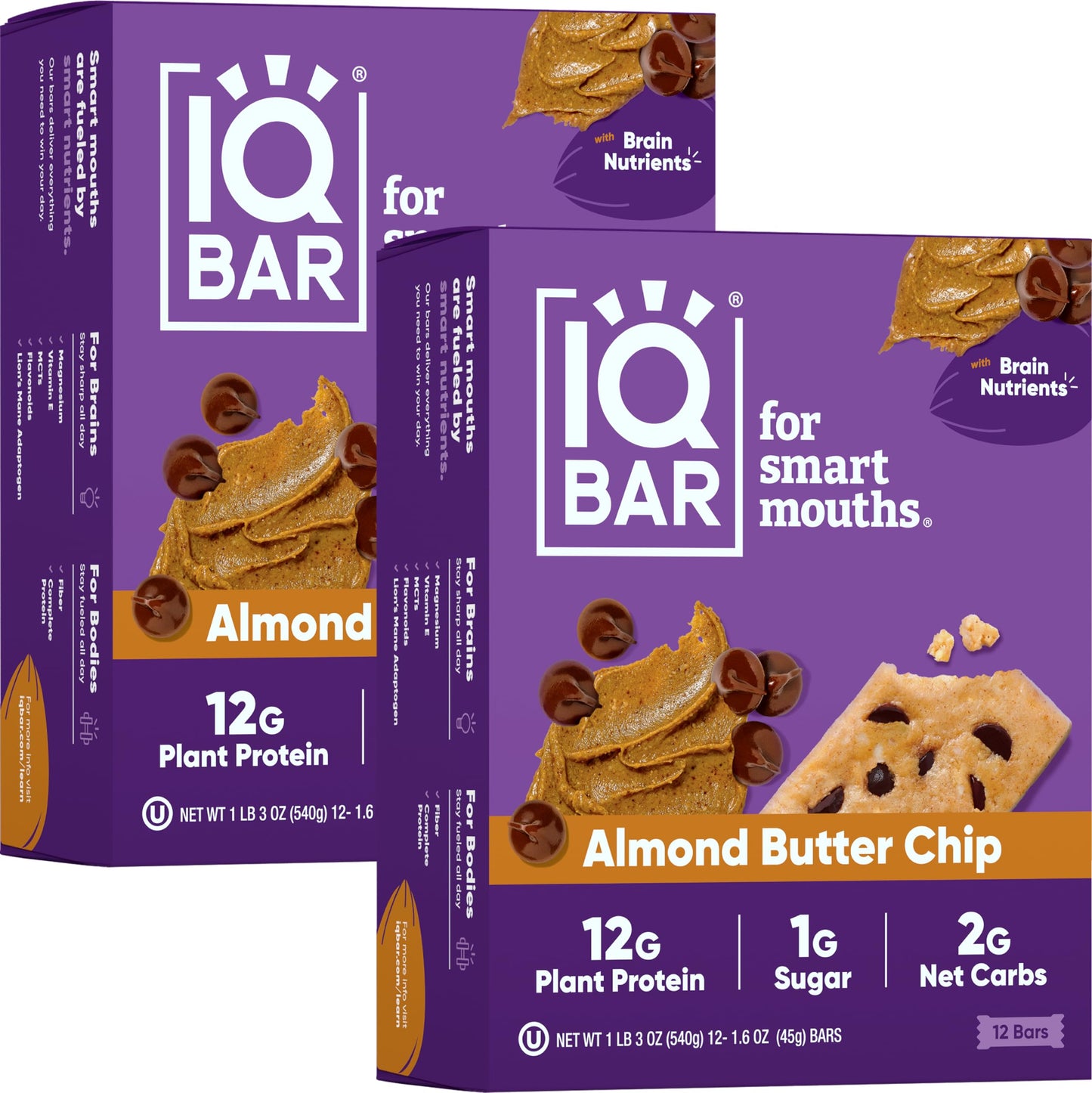 IQBAR Protein Bars - Peanut Butter Chip - 12 Count, Low Carb, High Fiber, Gluten Free, Vegan Snacks - Low Sugar Keto Energy Bars