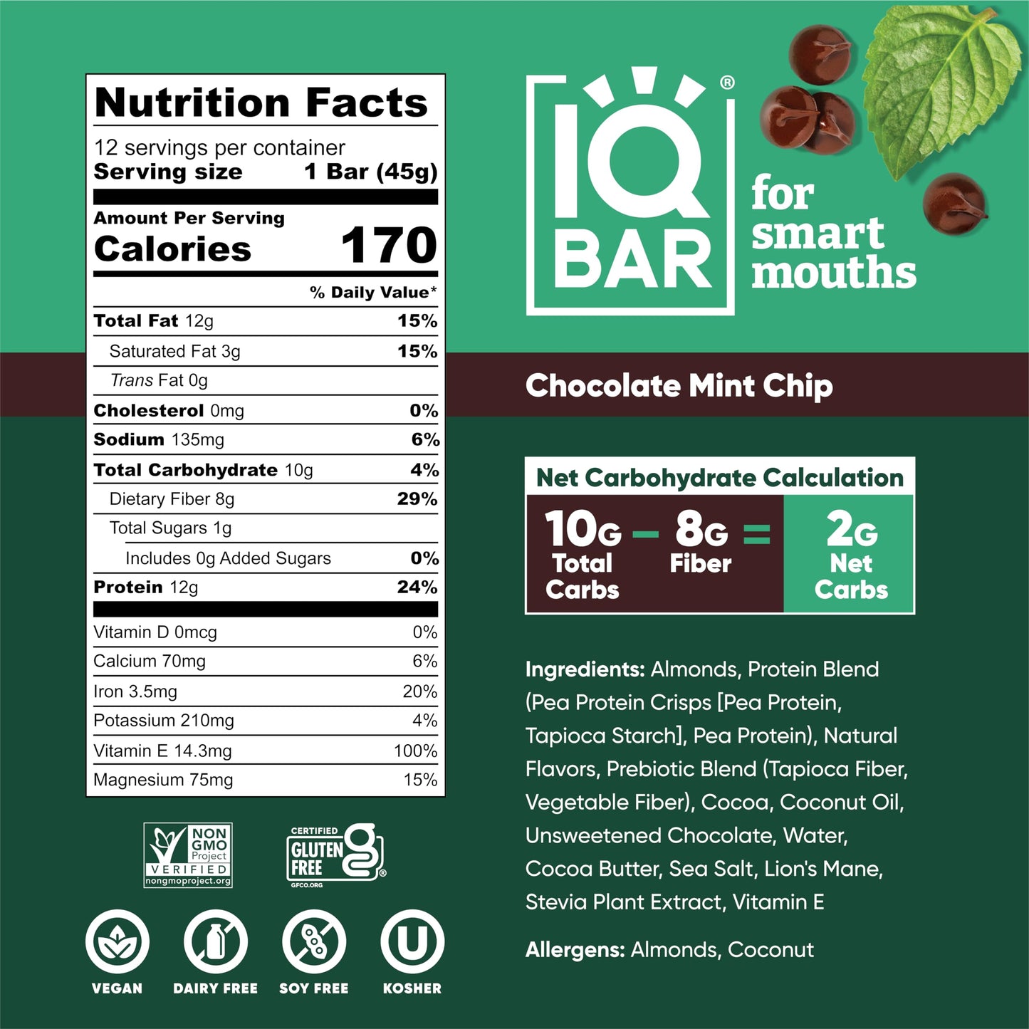IQBAR Protein Bars - Peanut Butter Chip - 12 Count, Low Carb, High Fiber, Gluten Free, Vegan Snacks - Low Sugar Keto Energy Bars