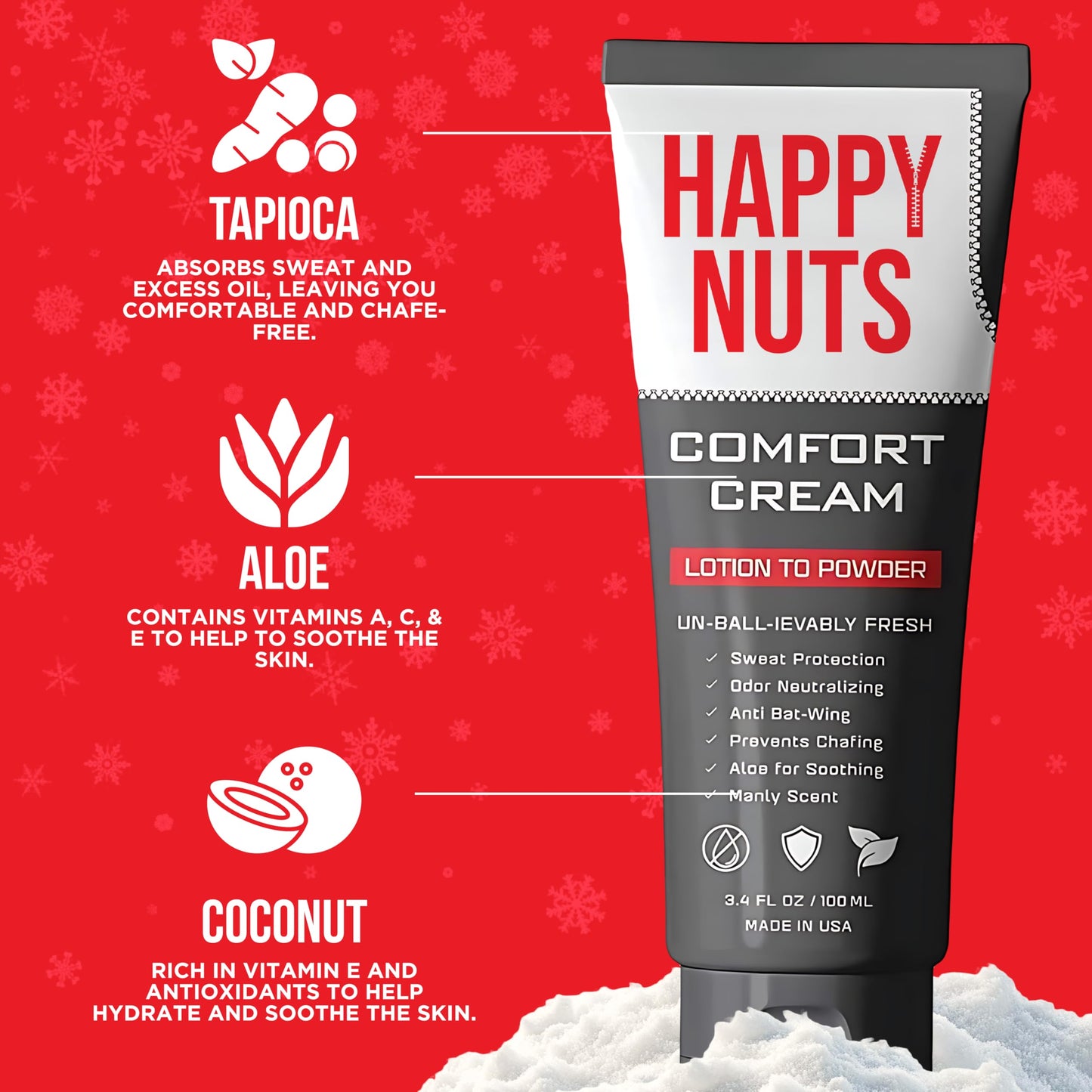 HAPPY NUTS Aluminum Free Comfort Cream Deodorant For Men: Anti-Chafing 3.4 oz.