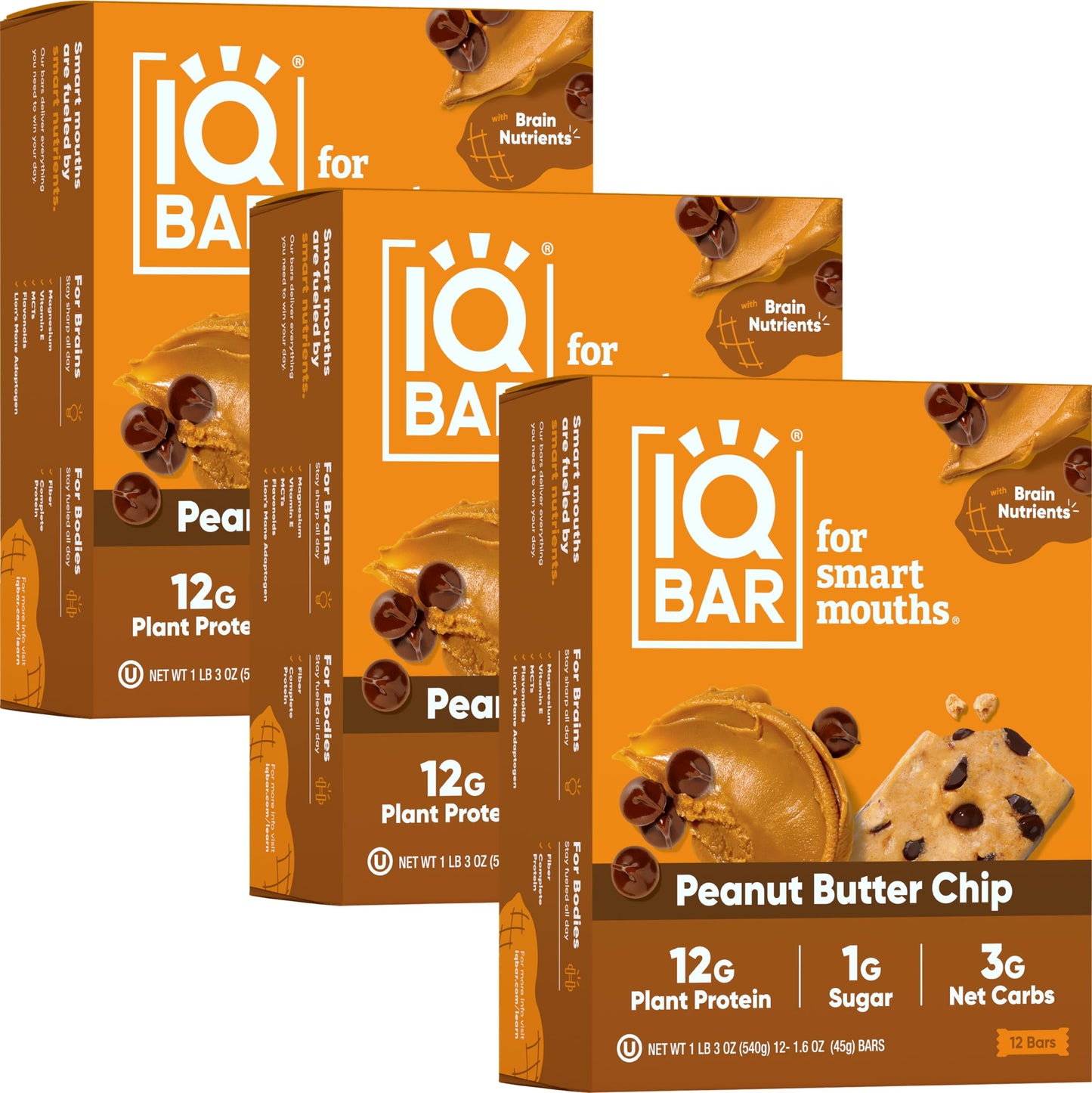 IQBAR Protein Bars - Peanut Butter Chip - 12 Count, Low Carb, High Fiber, Gluten Free, Vegan Snacks - Low Sugar Keto Energy Bars