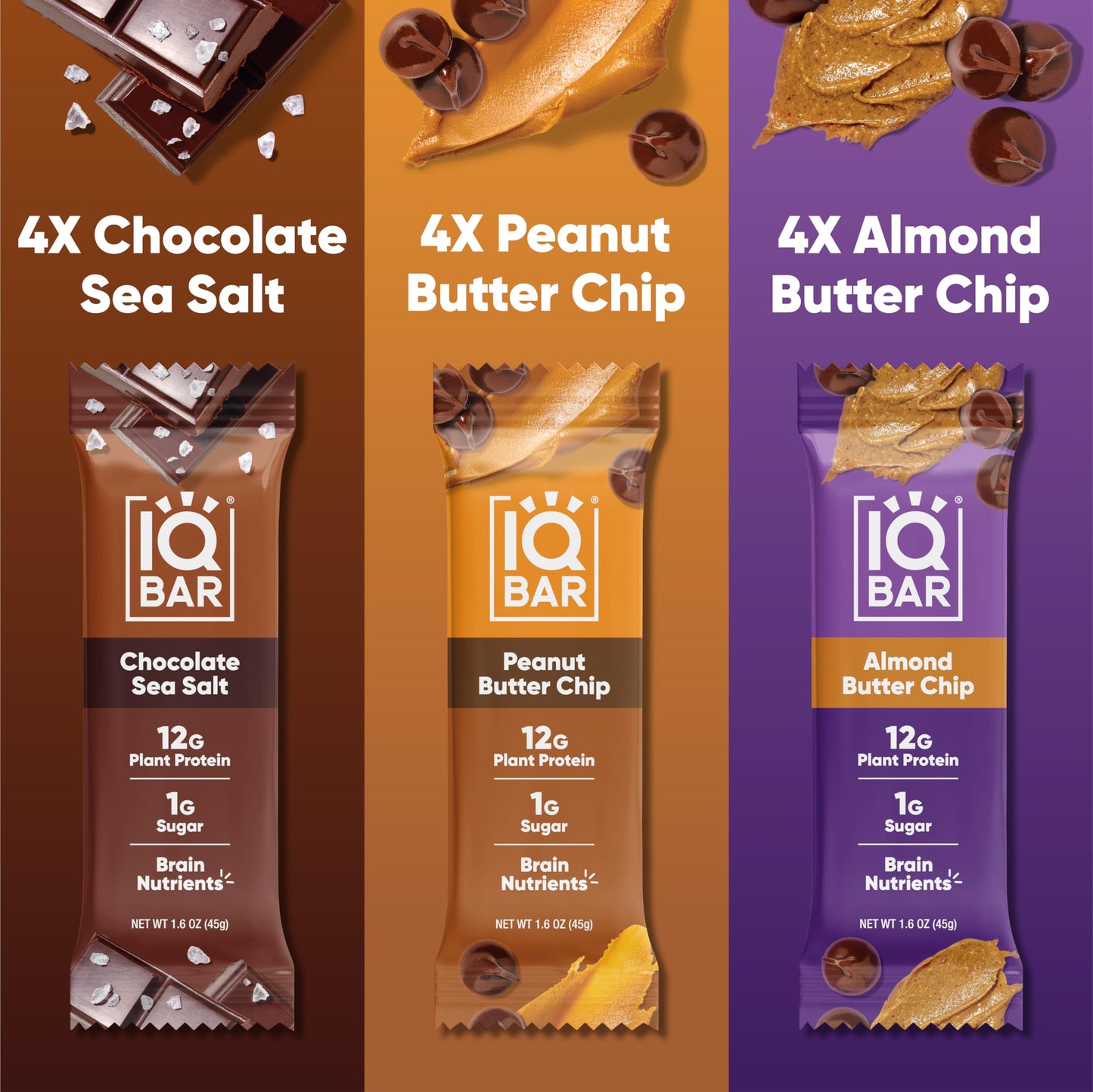 IQBAR Protein Bars - Peanut Butter Chip - 12 Count, Low Carb, High Fiber, Gluten Free, Vegan Snacks - Low Sugar Keto Energy Bars