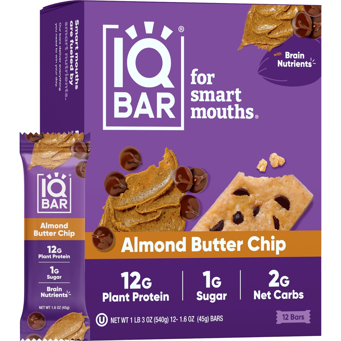 IQBAR Protein Bars - Peanut Butter Chip - 12 Count, Low Carb, High Fiber, Gluten Free, Vegan Snacks - Low Sugar Keto Energy Bars
