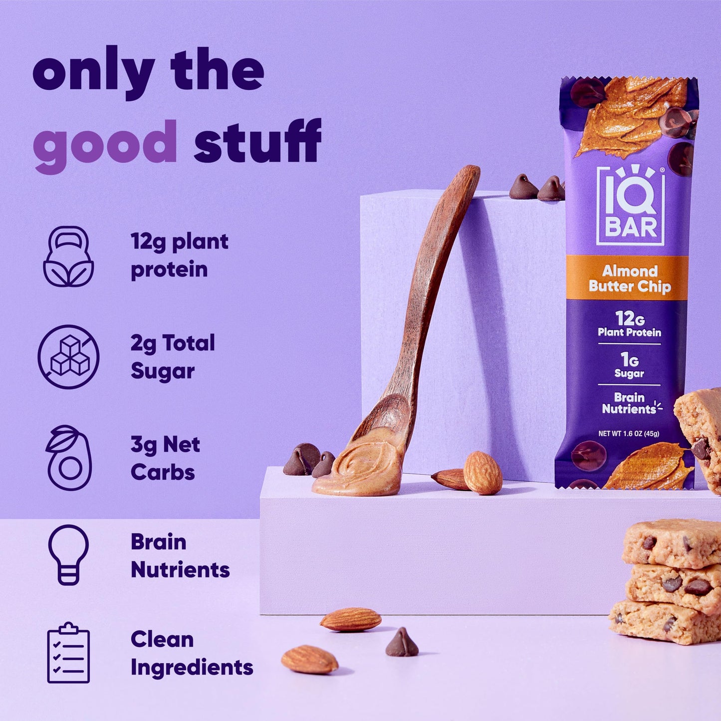 IQBAR Protein Bars - Peanut Butter Chip - 12 Count, Low Carb, High Fiber, Gluten Free, Vegan Snacks - Low Sugar Keto Energy Bars
