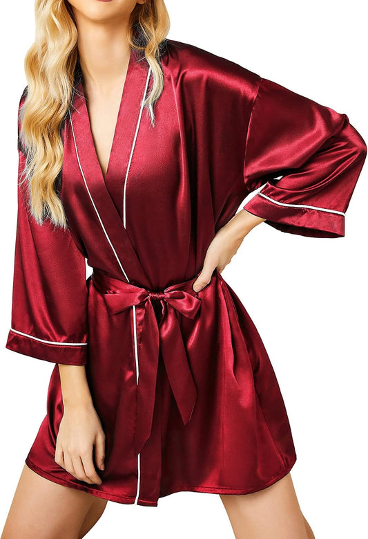 Women'S Satin Robe Short Kimono Robe Silk Soft Sleepwear 3/4 Sleeve Bathrobe Loungewear Dressing Gown S-XXL