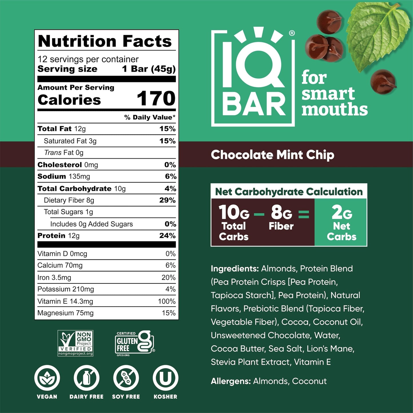 IQBAR Protein Bars - Peanut Butter Chip - 12 Count, Low Carb, High Fiber, Gluten Free, Vegan Snacks - Low Sugar Keto Energy Bars
