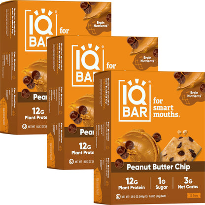 IQBAR Protein Bars - Peanut Butter Chip - 12 Count, Low Carb, High Fiber, Gluten Free, Vegan Snacks - Low Sugar Keto Energy Bars