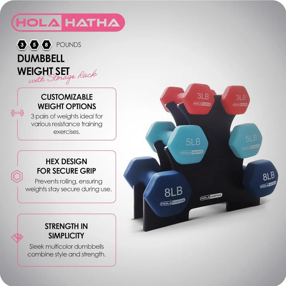 New HolaHatha 2, 3, 5, 8,10 Pound Neoprene Dumbbell Free Hand Weight Set with Rack, Ideal Home Exercises To Gain Tone Definition