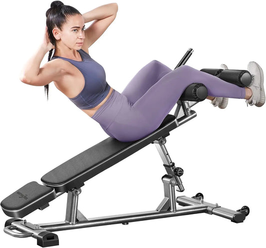 Professional Sit-Up Bench with 4 Adjustable Heights and Reverse Crunch Handle, Adjustable Weight Bench and Flat, Incline & Decli