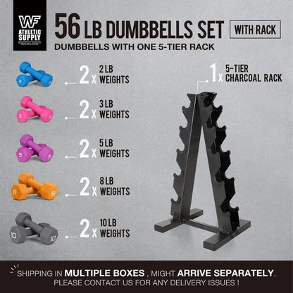 Neoprene Coated Dumbbell Set with A Frame Storage Rack Non-Slip Grip & Hexagon Shape Space Saving Home Gym Equipment