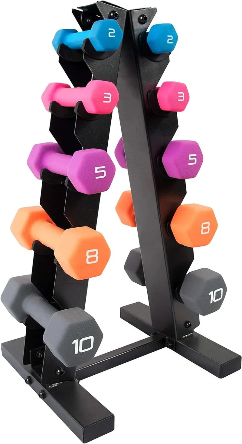 Neoprene Coated Dumbbell Set with A Frame Storage Rack Non-Slip Grip & Hexagon Shape Space Saving Home Gym Equipment