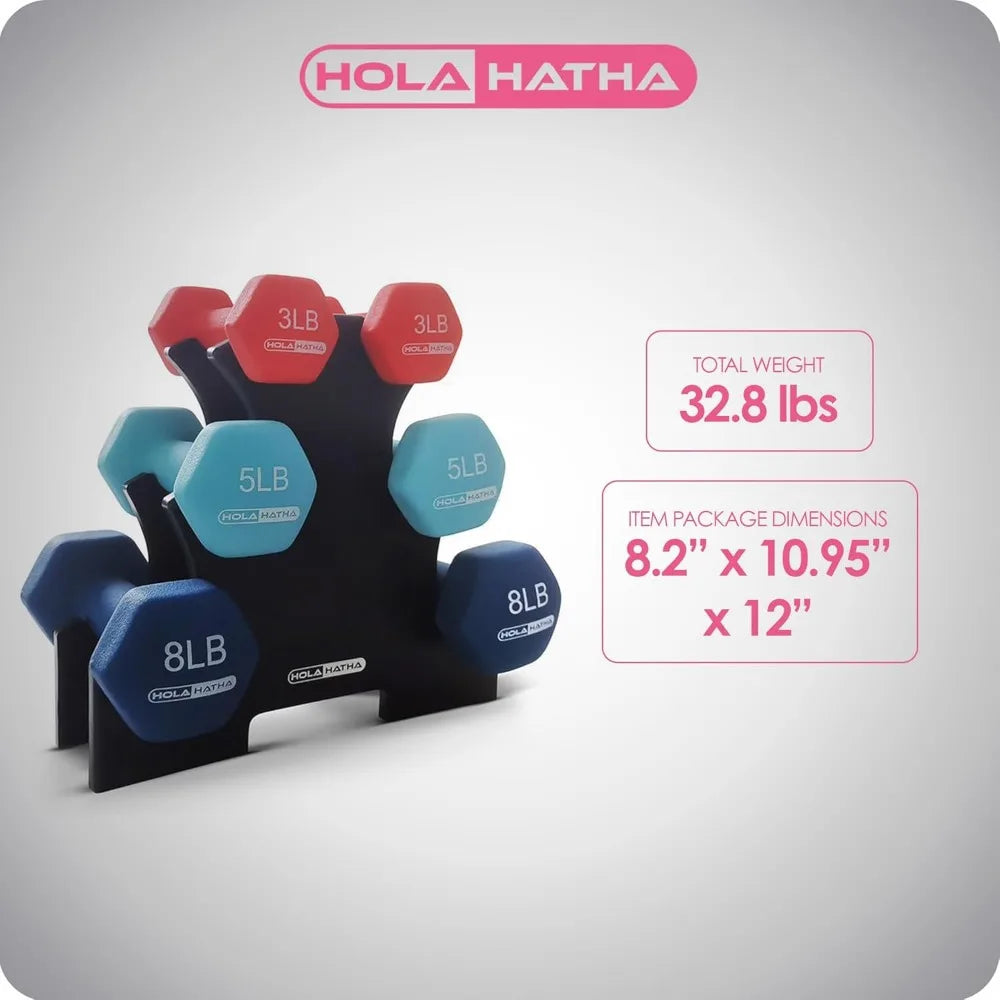 New HolaHatha 2, 3, 5, 8,10 Pound Neoprene Dumbbell Free Hand Weight Set with Rack, Ideal Home Exercises To Gain Tone Definition