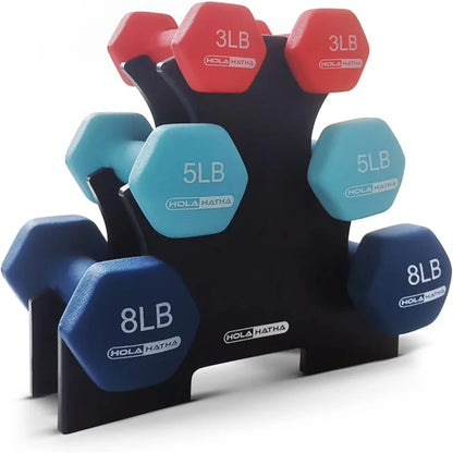 New HolaHatha 2, 3, 5, 8,10 Pound Neoprene Dumbbell Free Hand Weight Set with Rack, Ideal Home Exercises To Gain Tone Definition